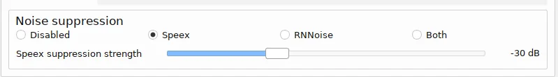 screenshot of latest Mumble client, which has a section for audio input:   Noise supression and radio toggles Disabled, Speex, RNNoise, and Both with a slider control for Speex suppression strength and currently showing -30 dB